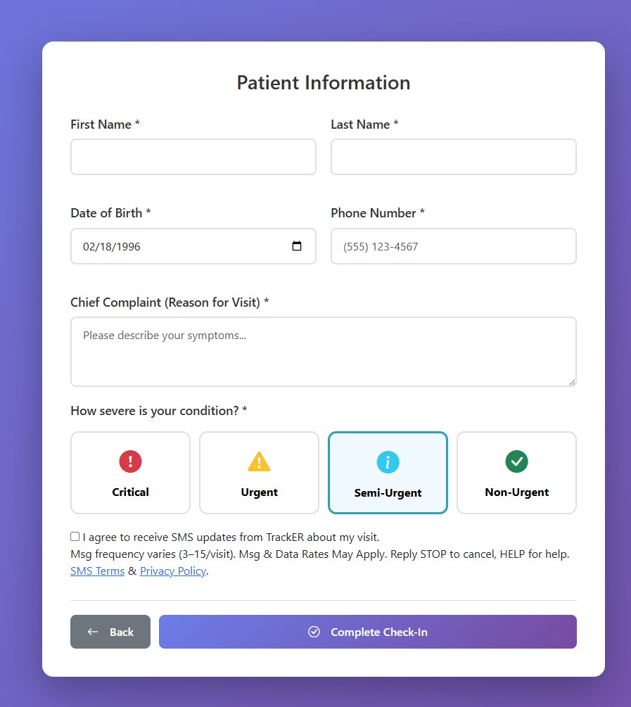 TrackER kiosk check-in screen showing the SMS consent checkbox at the bottom of the patient information form